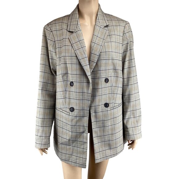 Violeta By MNG Mango Womens Plaid Double-Breasted Blazer Jacket Medium Oversize - Picture 1 of 8